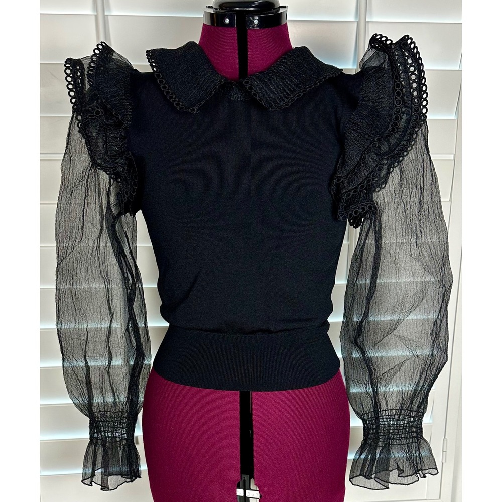 Zara Black Knit Top Sheer Organza Puff Sleeve Lace Collar Small /Gothcore/Mystry